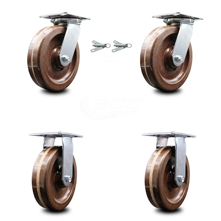 Service Caster 8 Inch High Temp Phenolic Caster Set with Roller Bearing 2 Swivel Lock 2 Rigid SCC-35S820-PHRHT-BSL-2-R-2